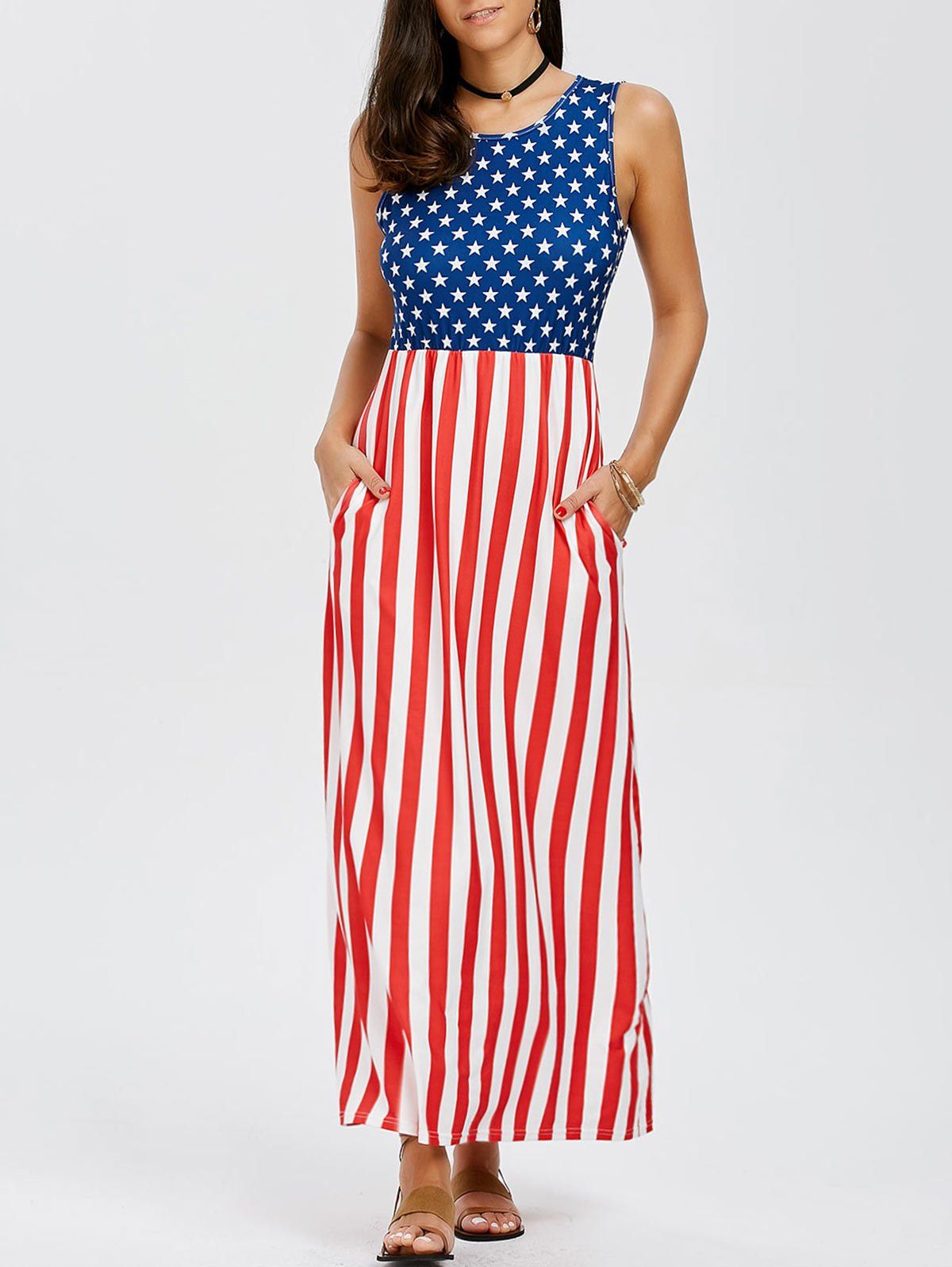 [19 OFF] Sleeveless Maxi Patriotic American Flag Print Dress Rosegal