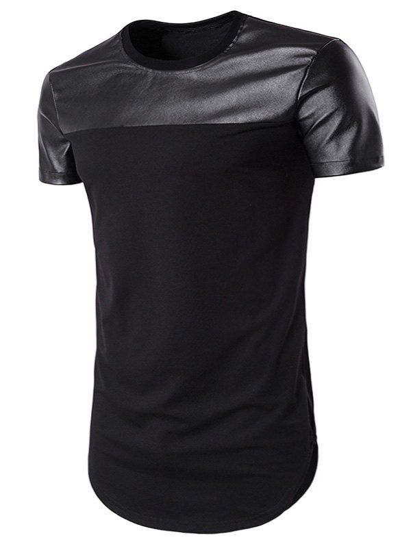 Fashion Curve Bottom PU Leather Panel Longline T-Shirt  
