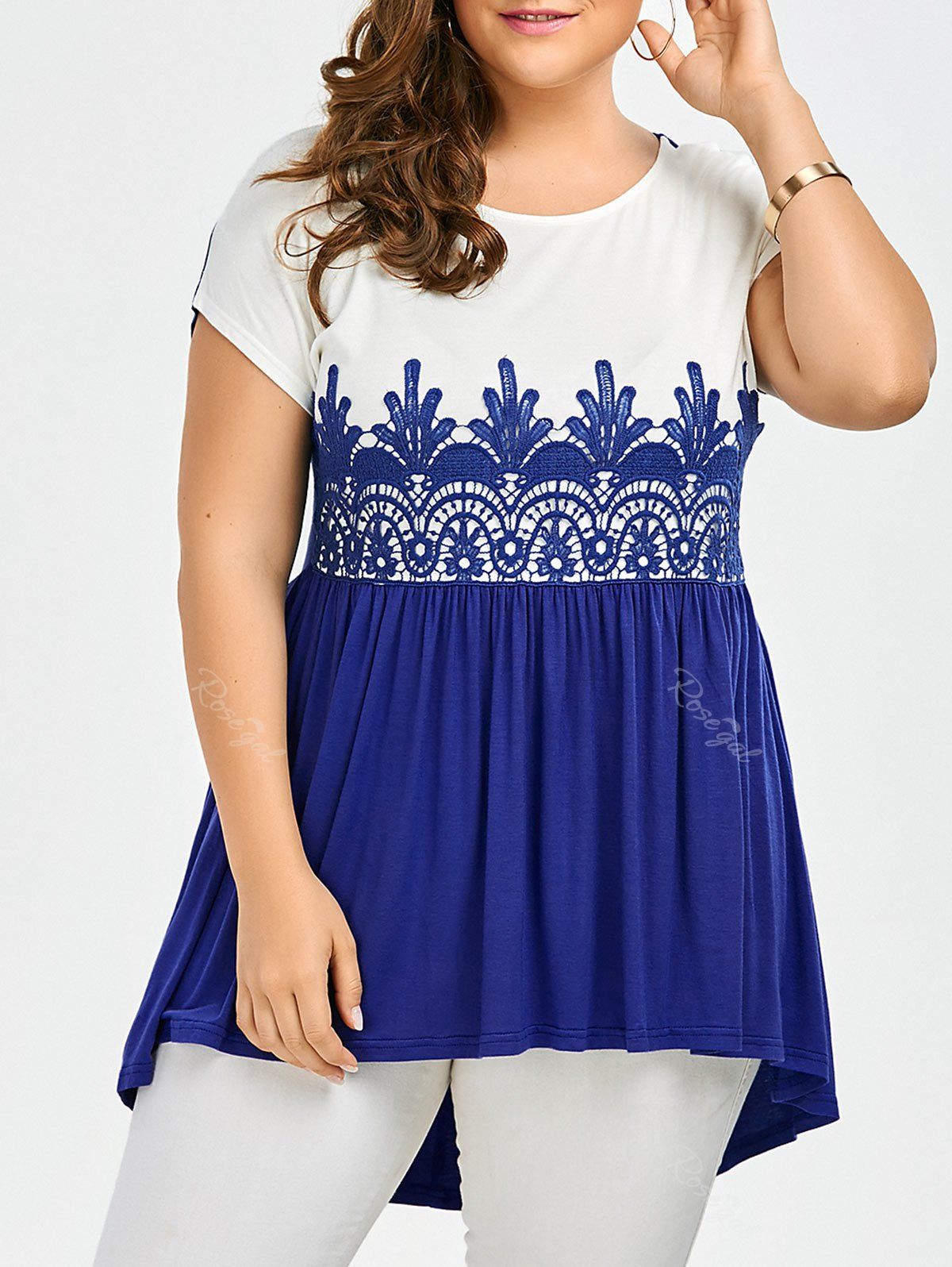 

Lace Panel Plus Size High Low Top, Blue and white