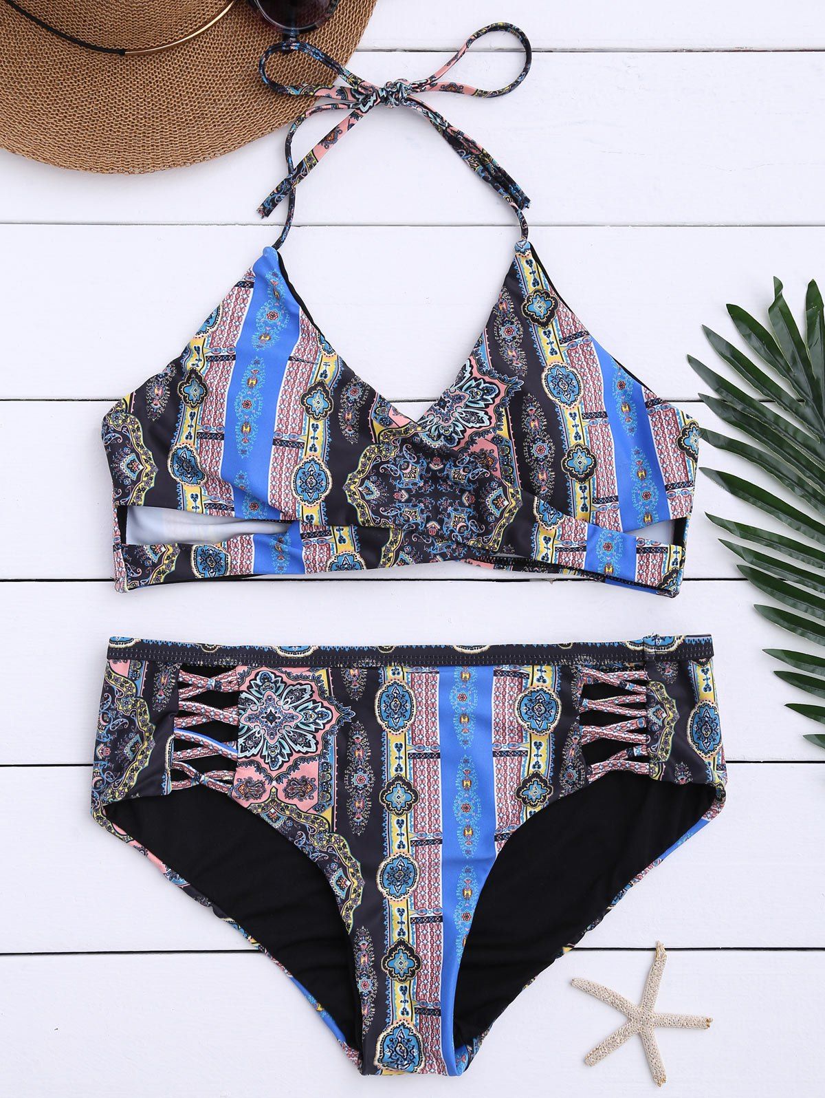 

Wrap Halter Lattice Bikini Set, Colormix