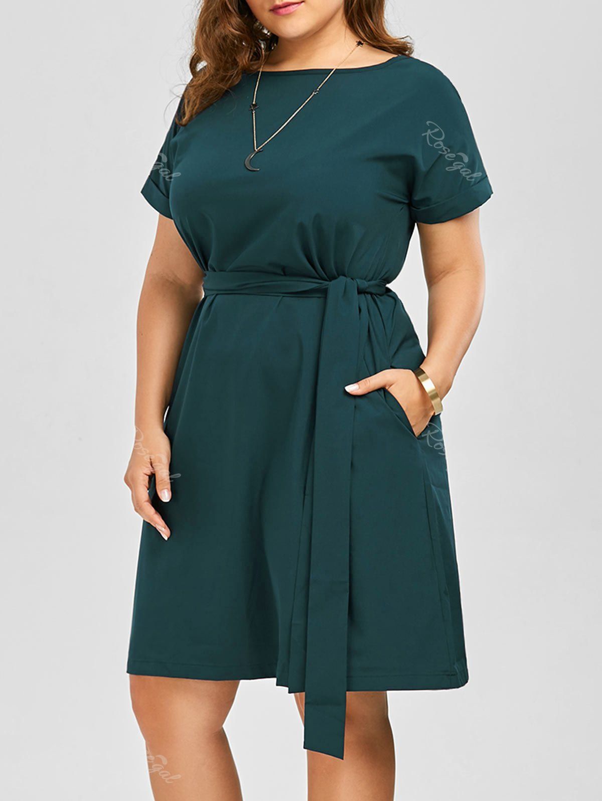 

Plus Size Belted Knee Length A Line Dress With Pocket, Green