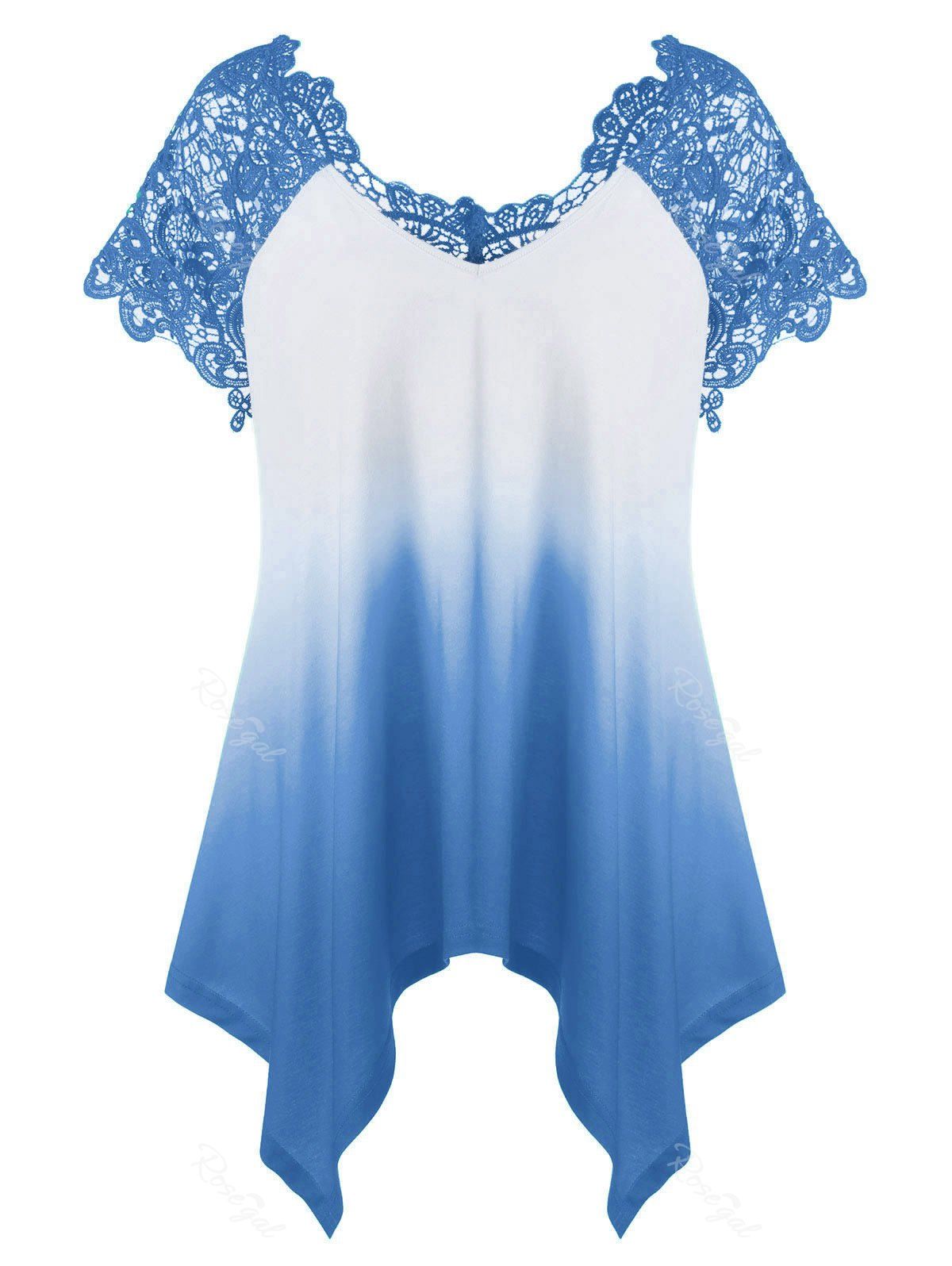 [23% OFF] Plus Size Lace Panel Ombre Asymmetric T-Shirt | Rosegal
