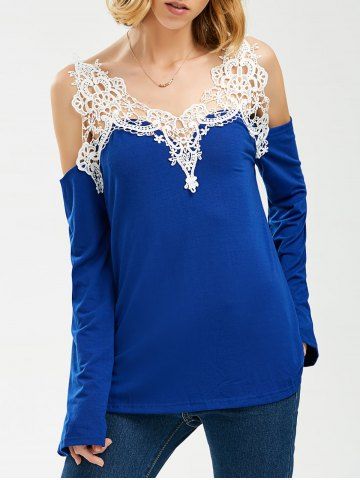 Deep Blue Xl Crochet Trim Cold Shoulder Long Sleeve Top | RoseGal.com