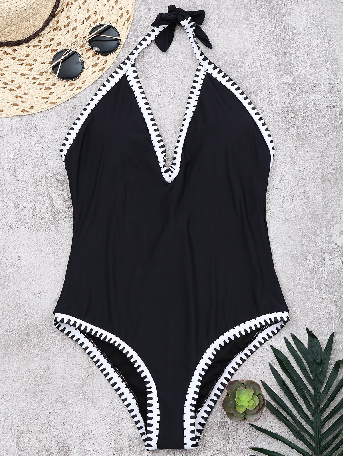 [24 OFF] Contrast Trim Halter OnePiece Swimsuit Rosegal