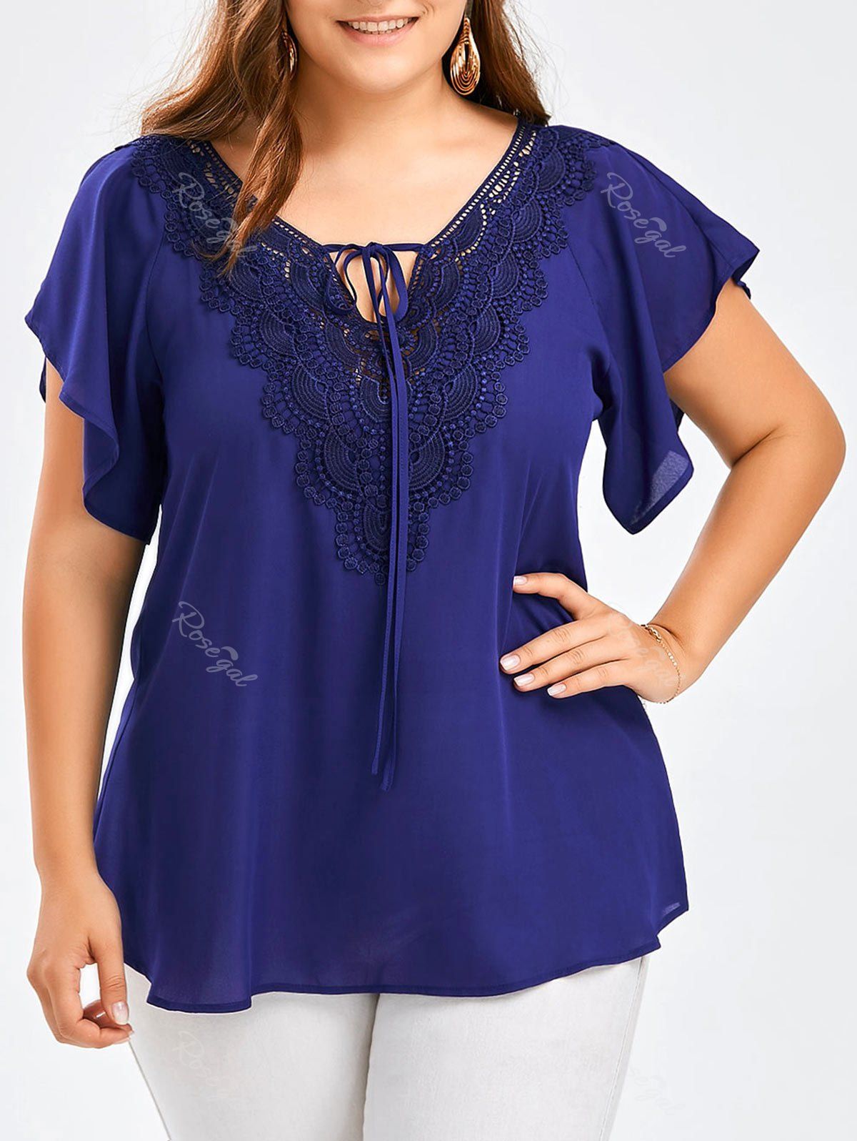 Blue 4xl Plus Size Lace Panel Tie Front Blouse