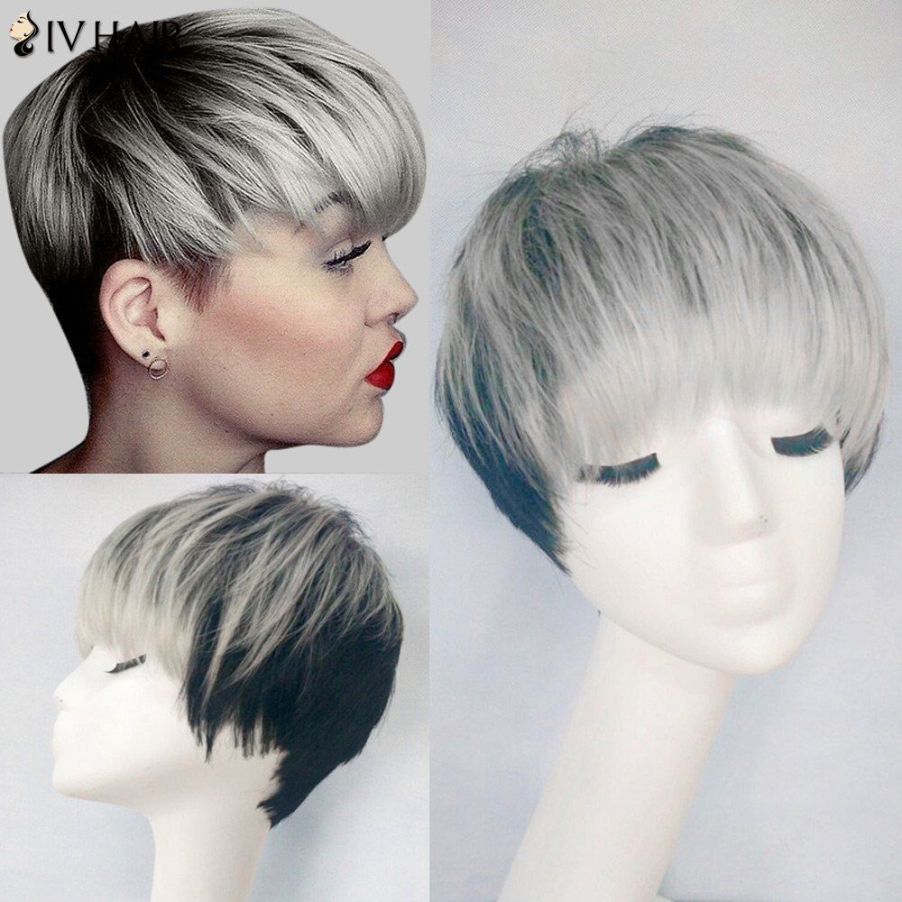 Grey White Siv Hair Full Bang Straight Short Pixie 