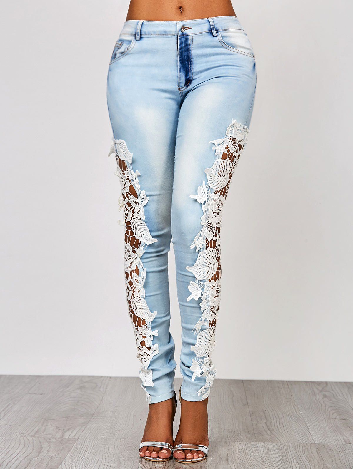 

Lace Insert Washed Skinny Jeans, Azure