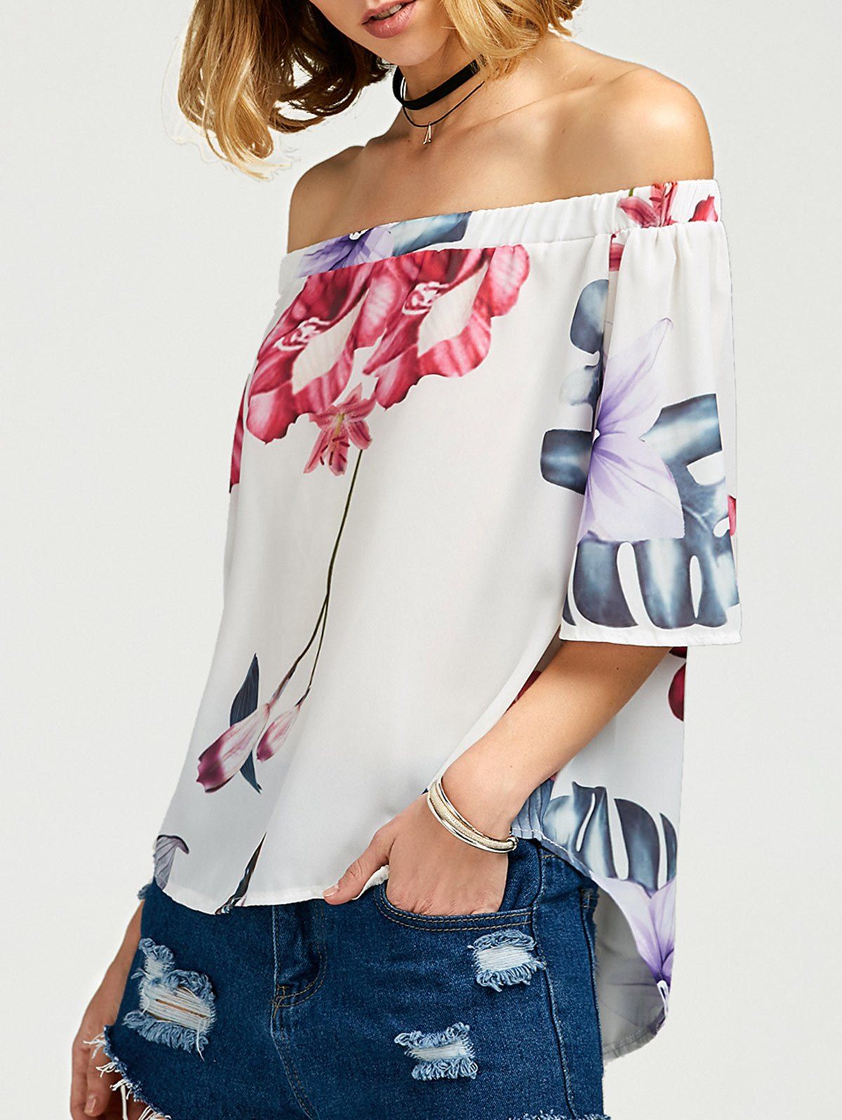 

Off The Shoulder Floral High Low Top, White