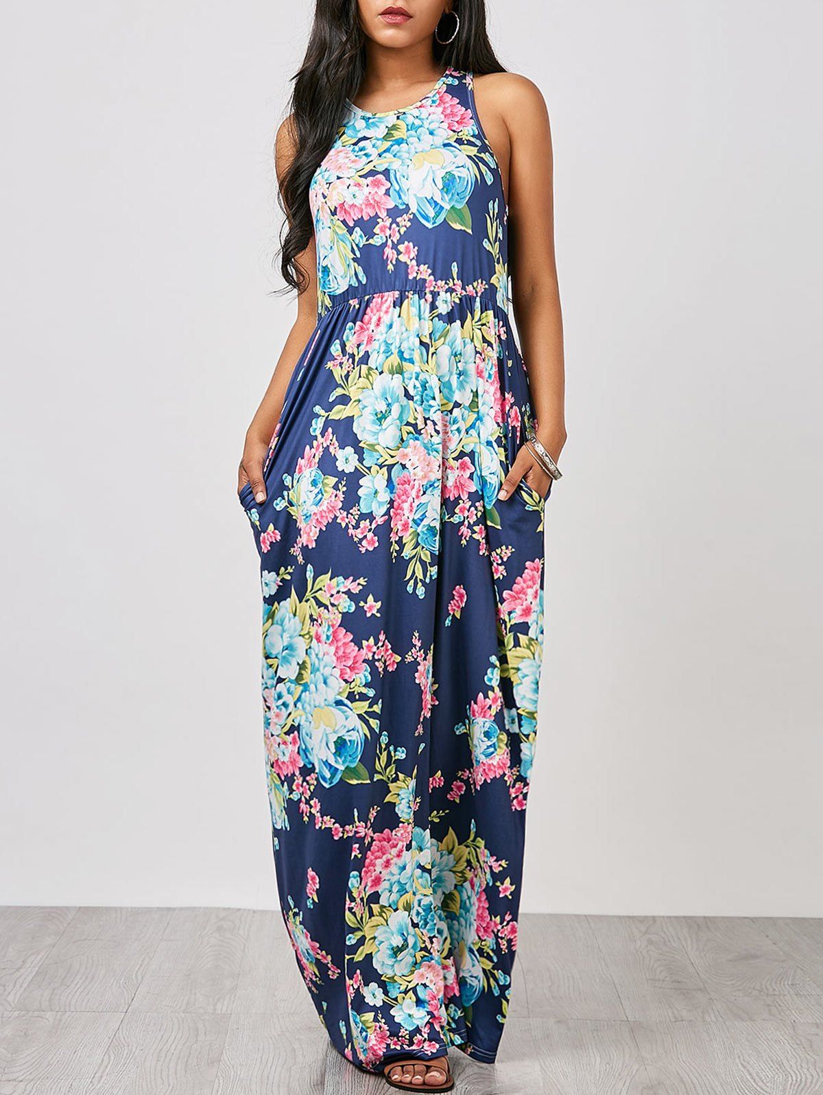 Floral Racerback Long Maxi Sleeveless Summer Dress [34% OFF] | Rosegal