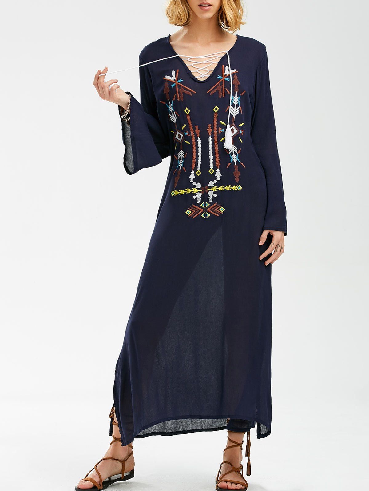 [14% OFF] Maxi Embroidered Long Sleeve Casual Boho Dress | Rosegal