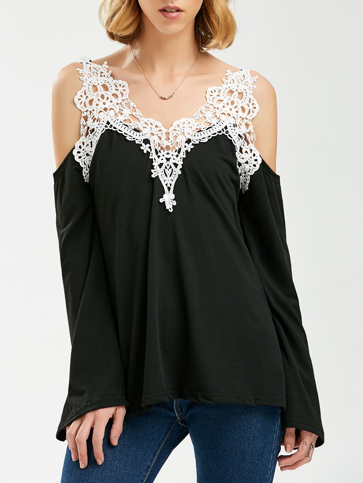 Crochet Trim Cold Shoulder Long Sleeve Top thumbnail