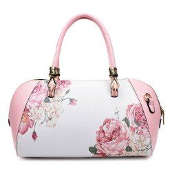 Faux Leather Flower Print Tote Bag