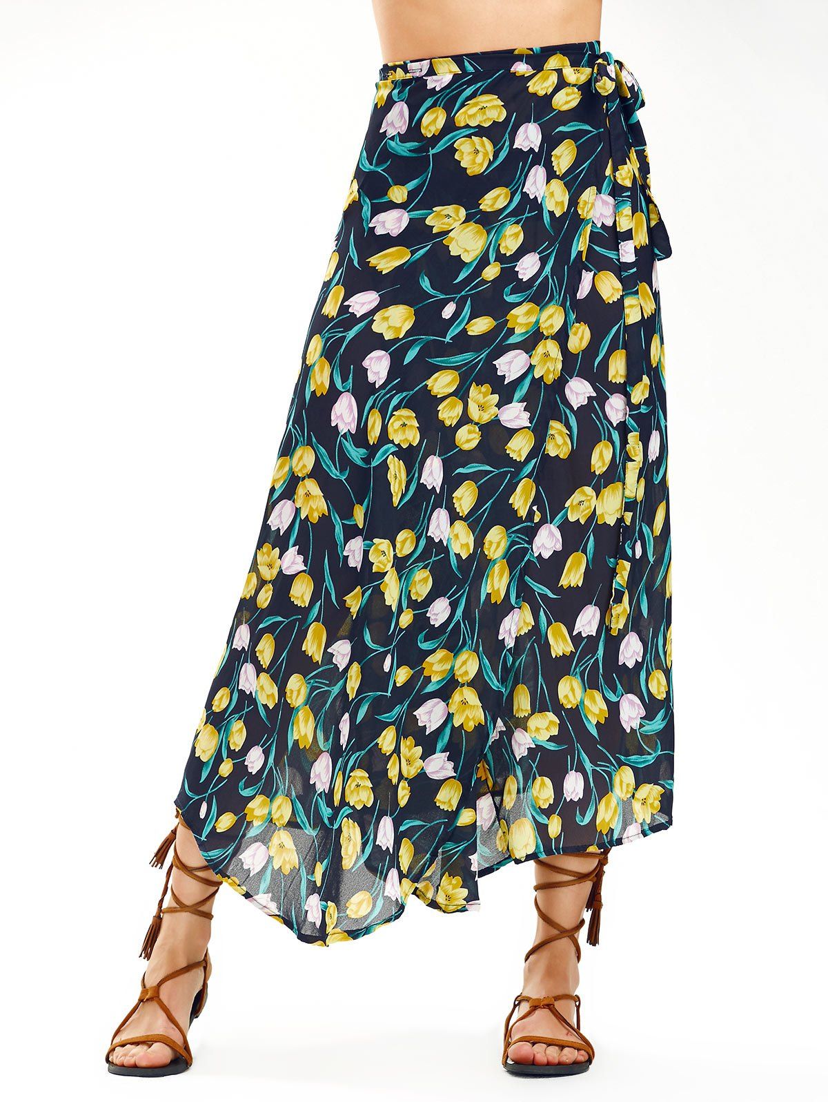 [21% OFF] Floral Print Chiffon Midi Wrap Skirt | Rosegal