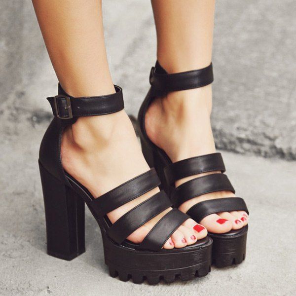 Black 37 Strappy Chunky Heel Sandals | RoseGal.com