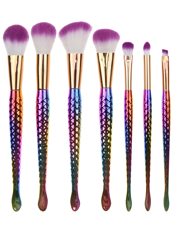 

7 Pcs Fishscale Shape Mermaid Makeup Brushes Set, Red + purple + blue + greenyellow