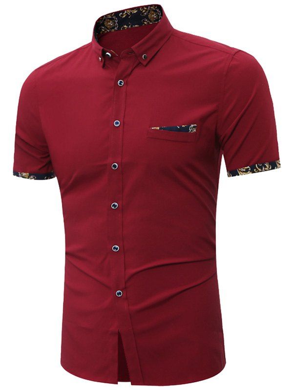 Wine Red L Short Sleeves Button Down Shirt | RoseGal.com