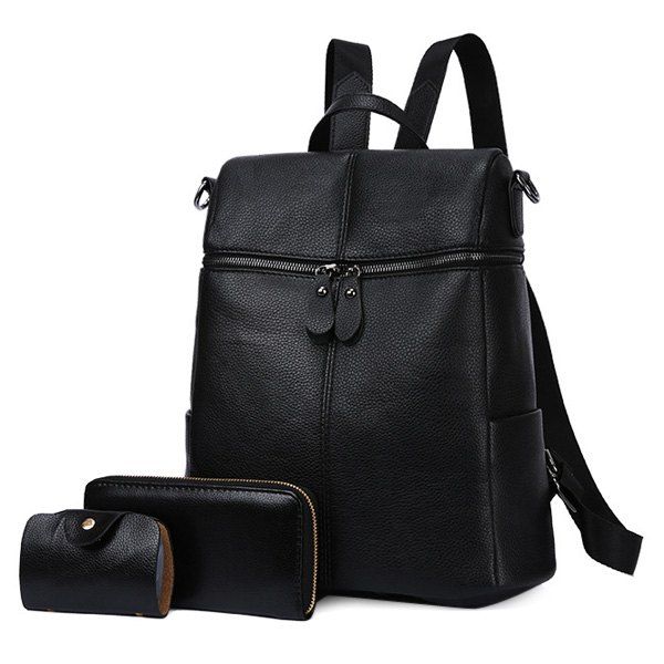

Front Zips PU Leather Backpack Set, Black