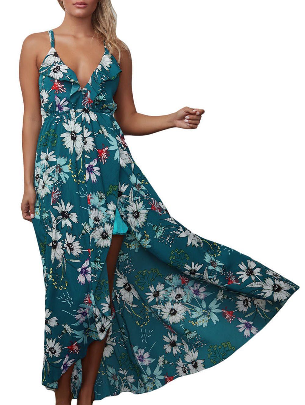 [19% OFF] Floral Backless Chiffon Maxi Split Slip Beach Dress | Rosegal