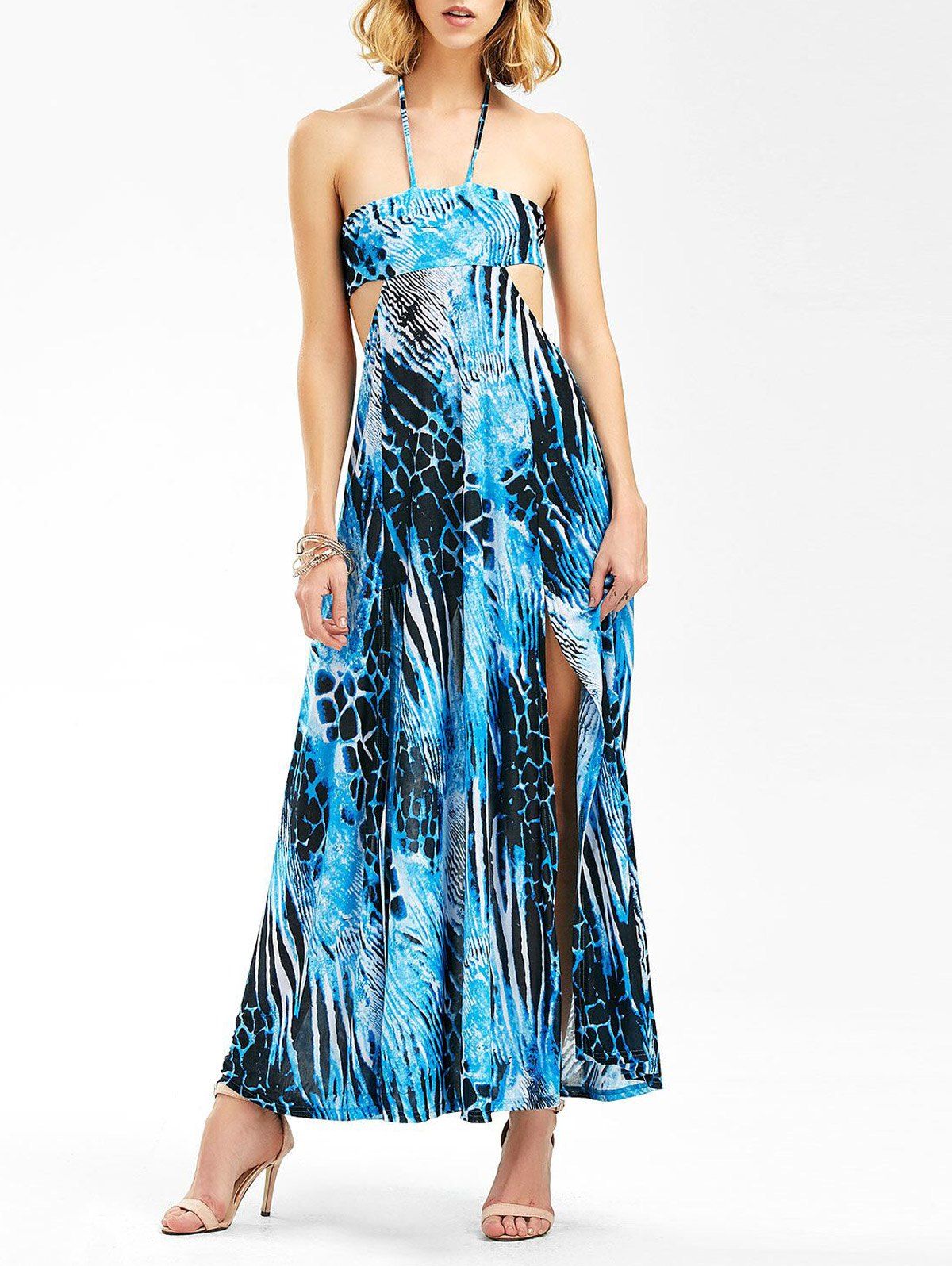 [52% OFF] Halter Print Backless Maxi Summer Dress | Rosegal