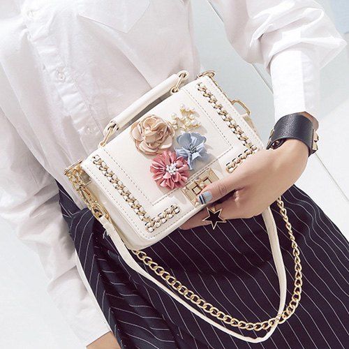 

Chain Bead Flowers Crossbody Bag, White