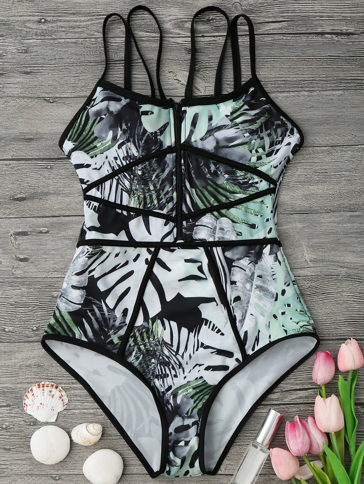 Fashion Tropical Print Piping One-piece Swimsuit  