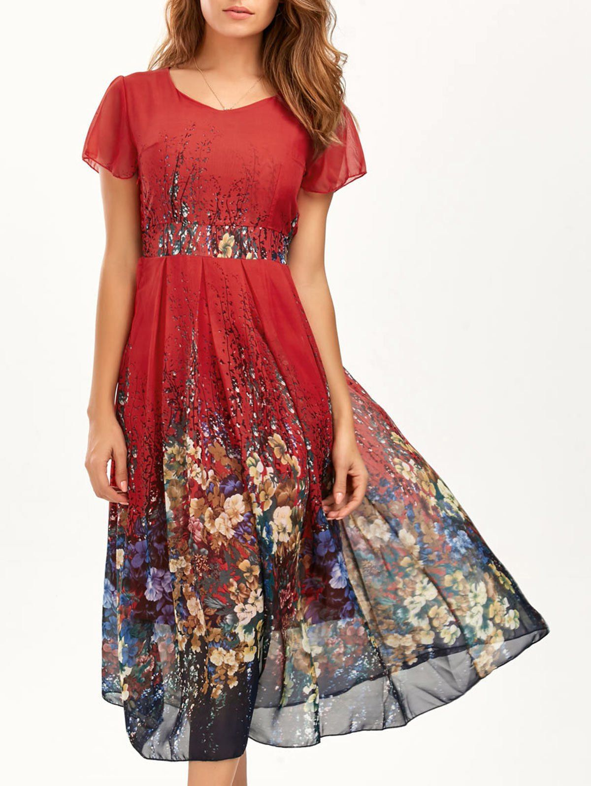 2018 Casual Bohemian Floral Flowy Midi Dress In Red L | Rosegal.com