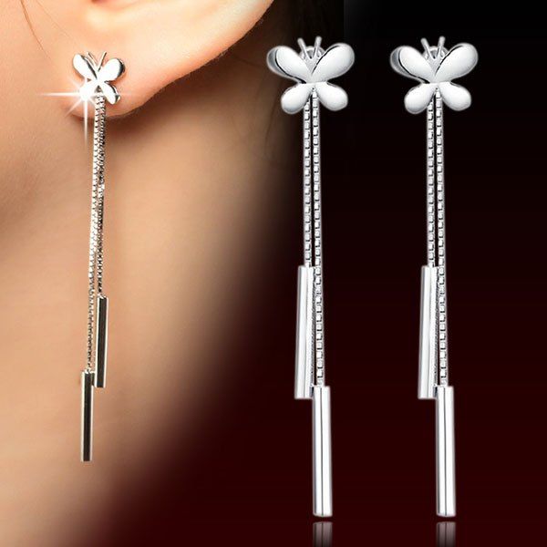 

Butterfly Bar Fringed Chain Dangle Earrings, Silver