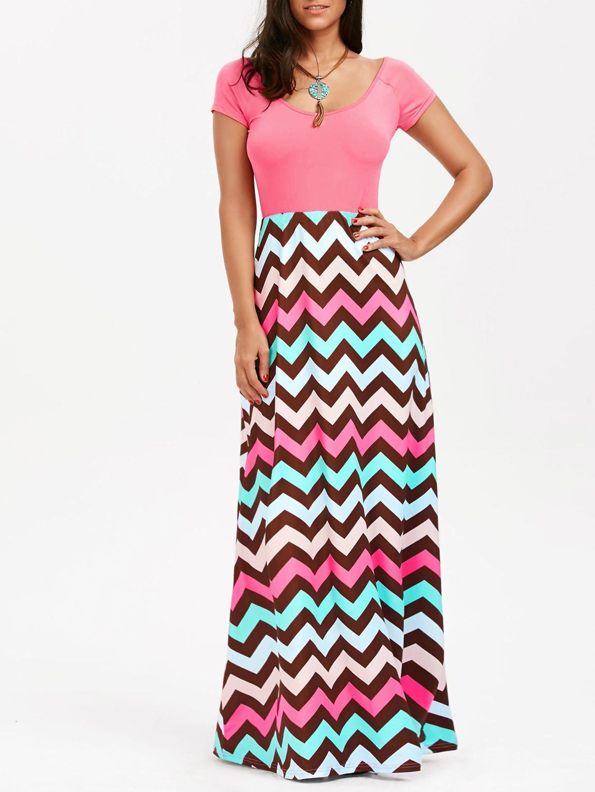 Outfit Scoop Neck Chevron Maxi Party Dress  