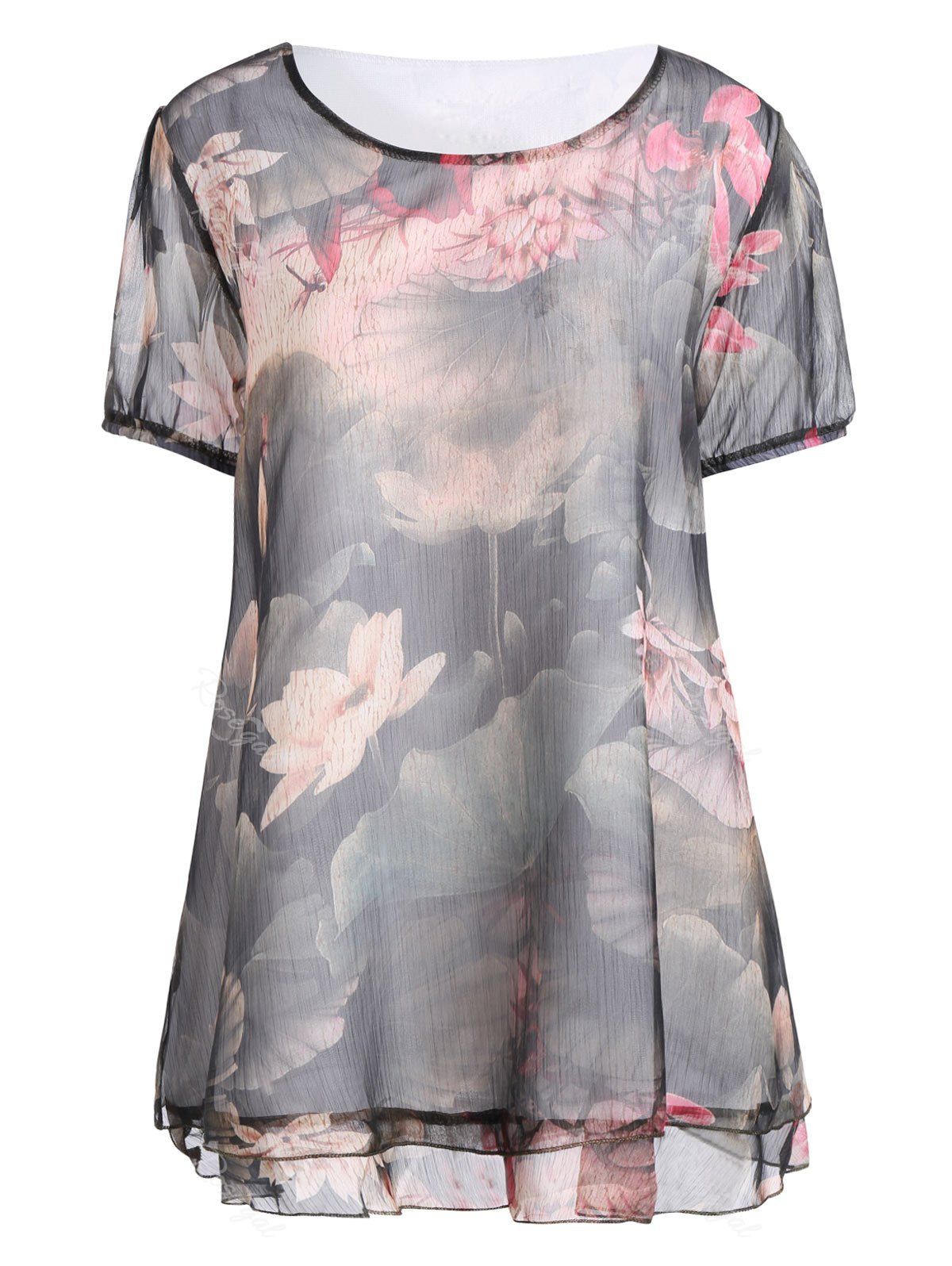 

Floral Print Flounced Trim Plus Size Blouse, Green