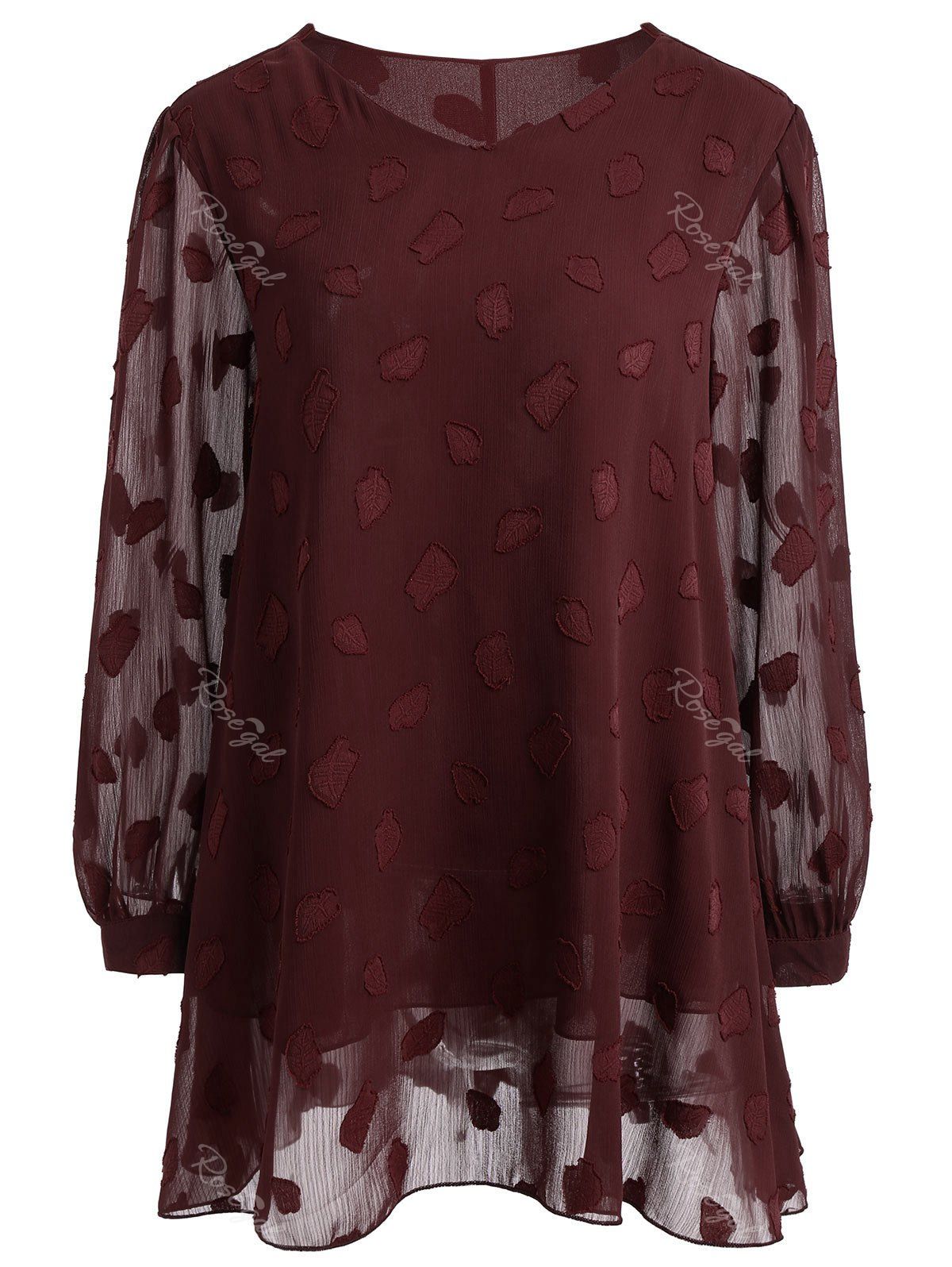 

Plus Size Semi Sheer Lace Long Sleeve Blouse, Claret