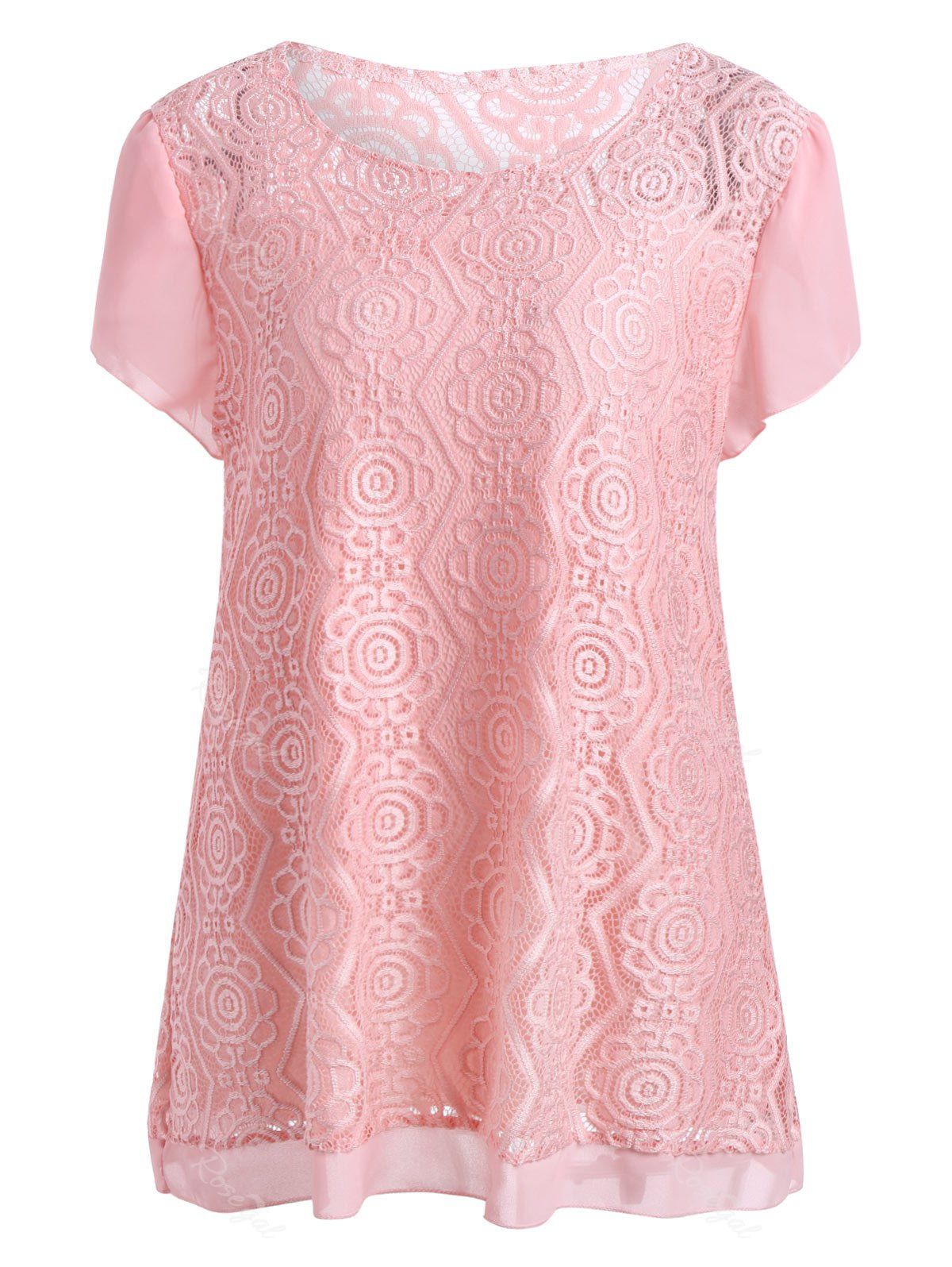 

Plus Size Scoop Neck Long Lace Blouse, Pink