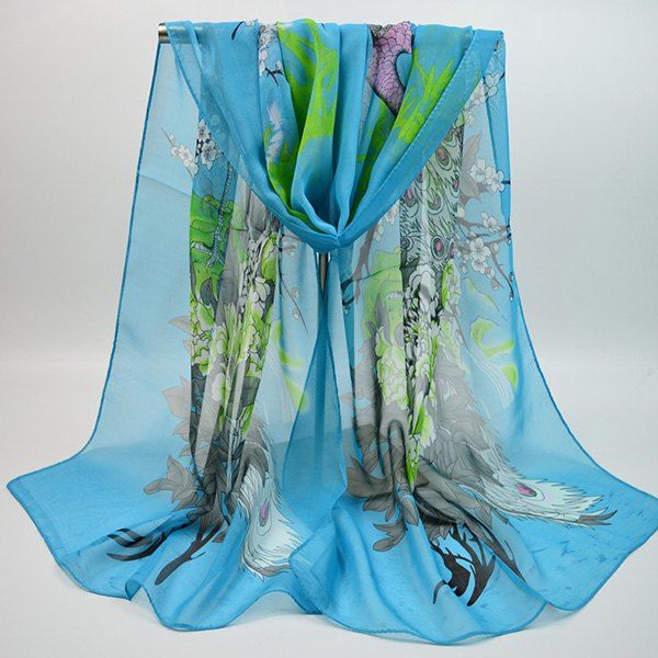 

Chiffon Chinoiserie Blooming Flowers Peacock Printing Scarf, Oasis