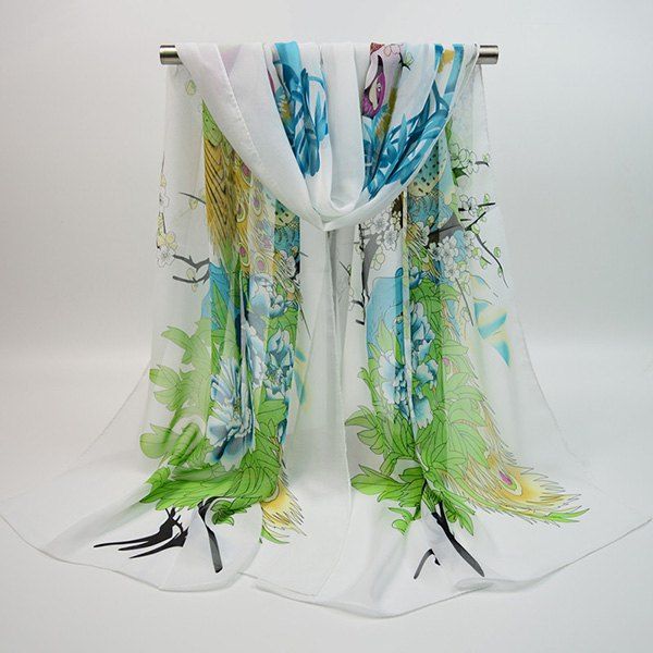 

Chiffon Chinoiserie Blooming Flowers Peacock Printing Scarf, White