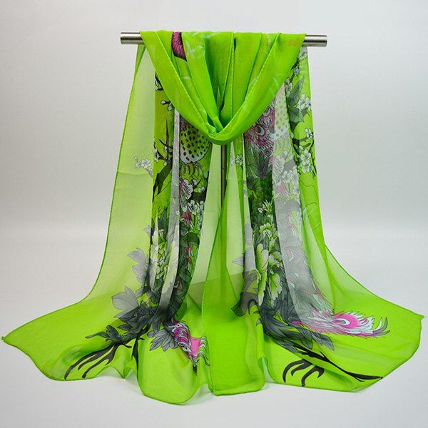 

Chiffon Chinoiserie Blooming Flowers Peacock Printing Scarf, Green