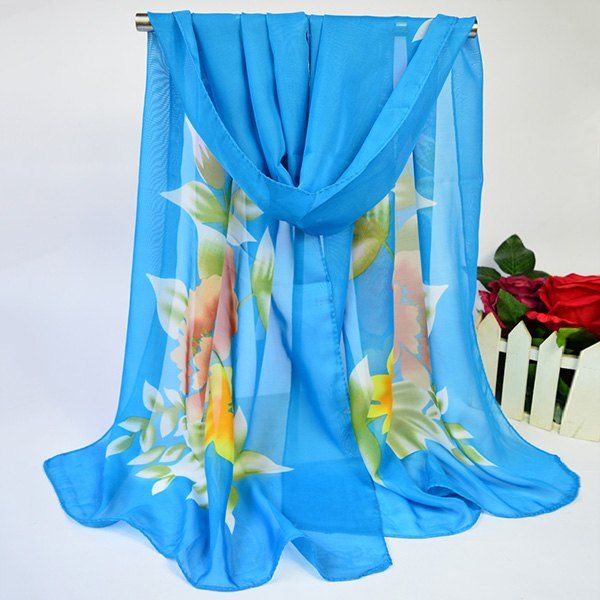 

Showy Blooming Flowers Printed Lightsome Chiffon Scarf, Sky blue