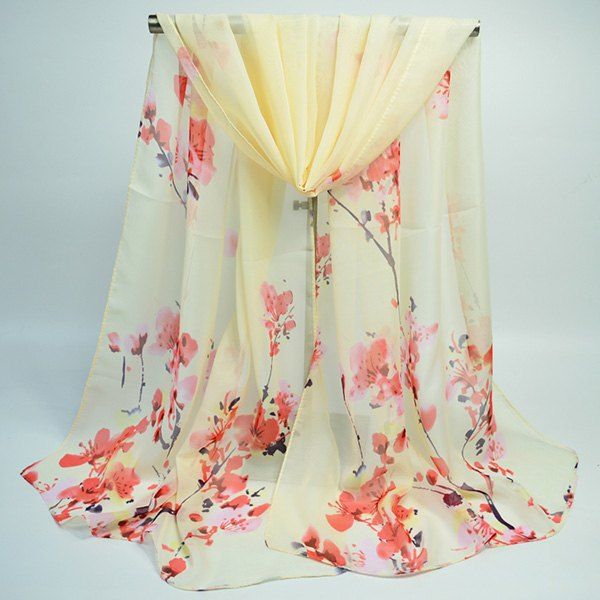 

Chiffon Wash Painting Floral Printing Shawl Scarf, Candy beige