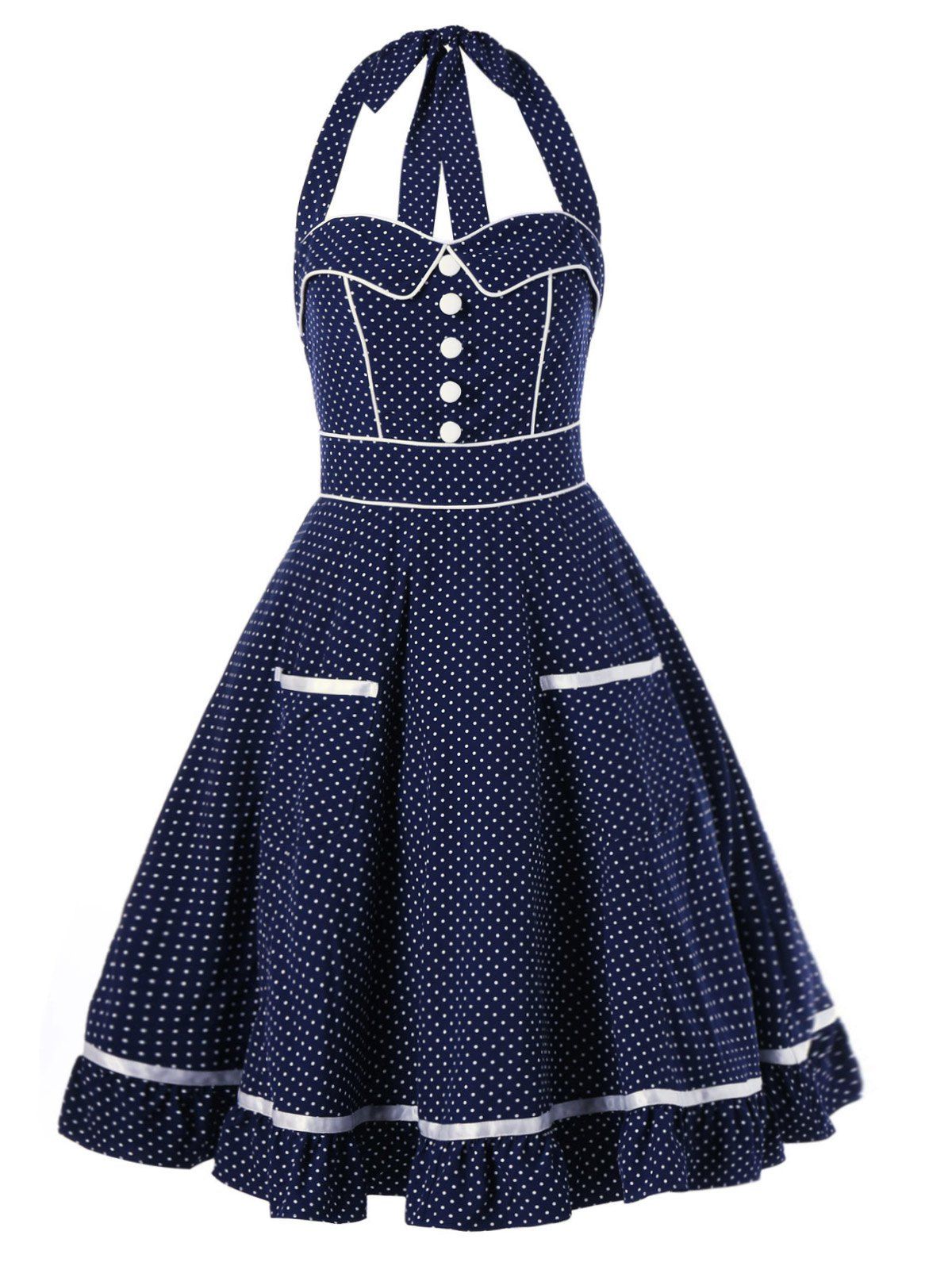 

High Waist Polka Dot Printed Halter Pin Up Dress, Blue