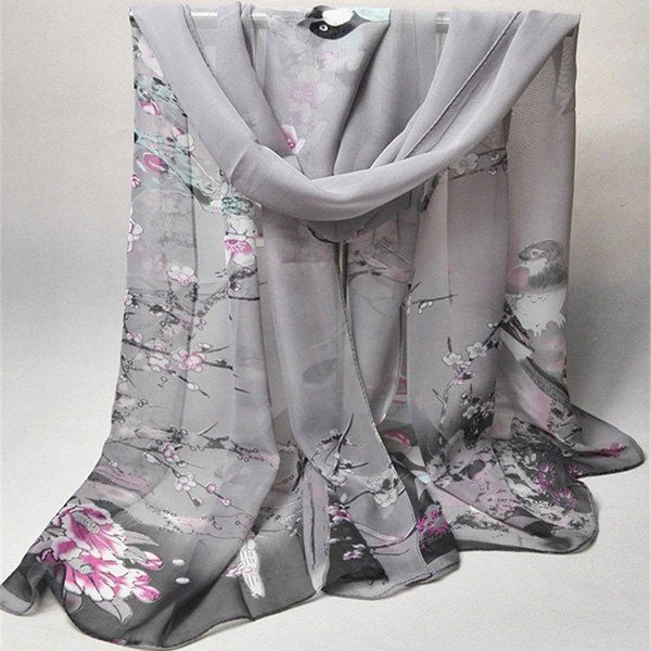 

Chinoiserie Flowering Branch Bird Printing Shawl Scarf, Gray