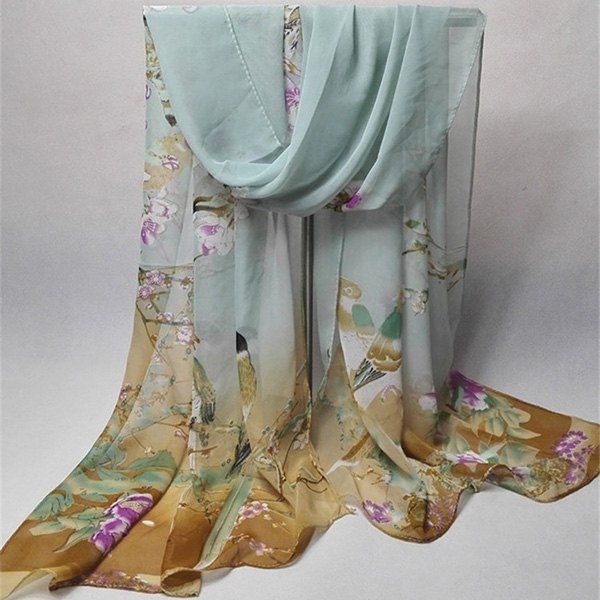 

Chinoiserie Flowering Branch Bird Printing Shawl Scarf, Blue gray