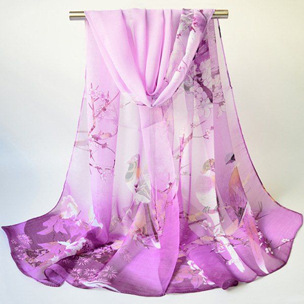 

Chinoiserie Flowering Branch Bird Printing Shawl Scarf, Purple