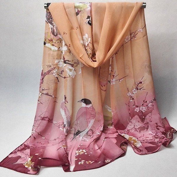 

Chinoiserie Flowering Branch Bird Printing Shawl Scarf, Beige