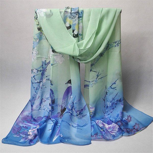 

Chinoiserie Flowering Branch Bird Printing Shawl Scarf, Blue green