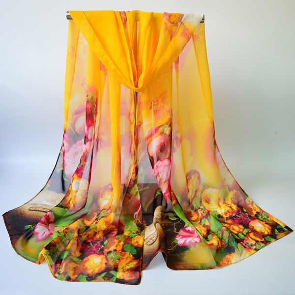 

Chiffon Multicolor Blossom Printing Lightsome Gossamer Scarf, Yellow