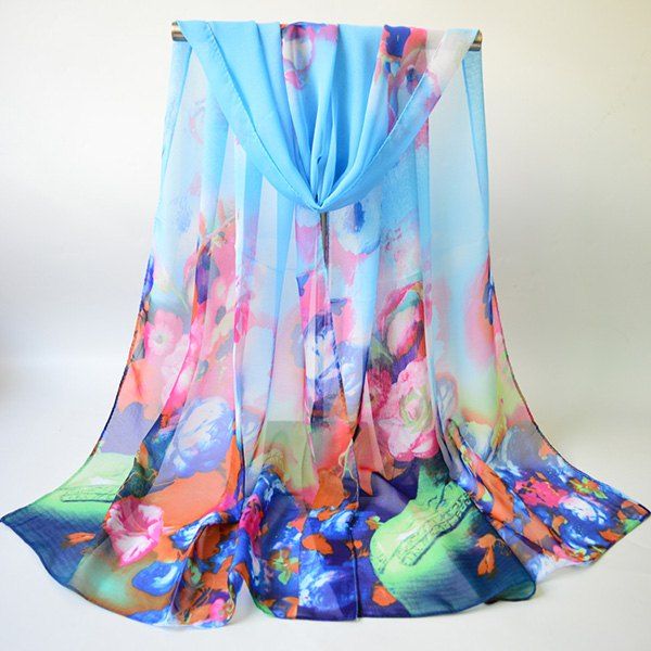 

Chiffon Multicolor Blossom Printing Lightsome Gossamer Scarf, Azure