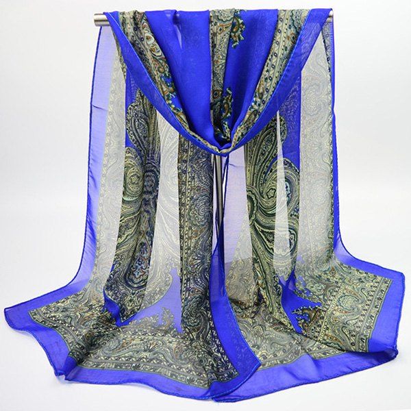 

Chiffon Ethnic Anthemion Printing Shawl Scarf, Blue
