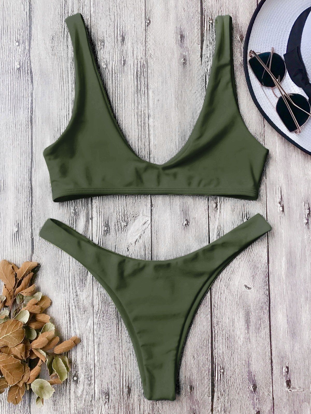 

High Cut Scoop Neck Bikini Set, Army green