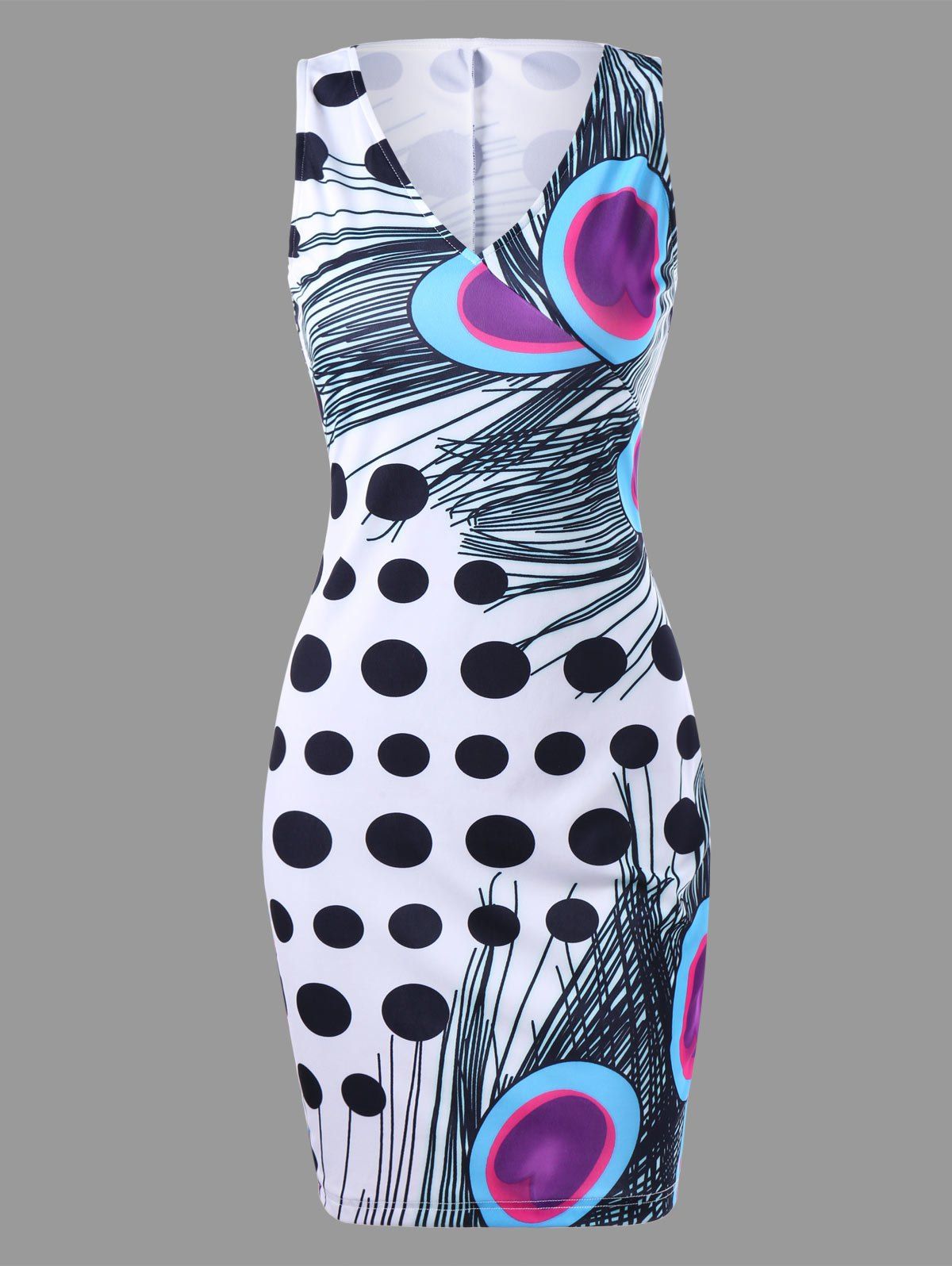 

Peacock Feather Print Polka Dot Bodycon Dress, Colormix