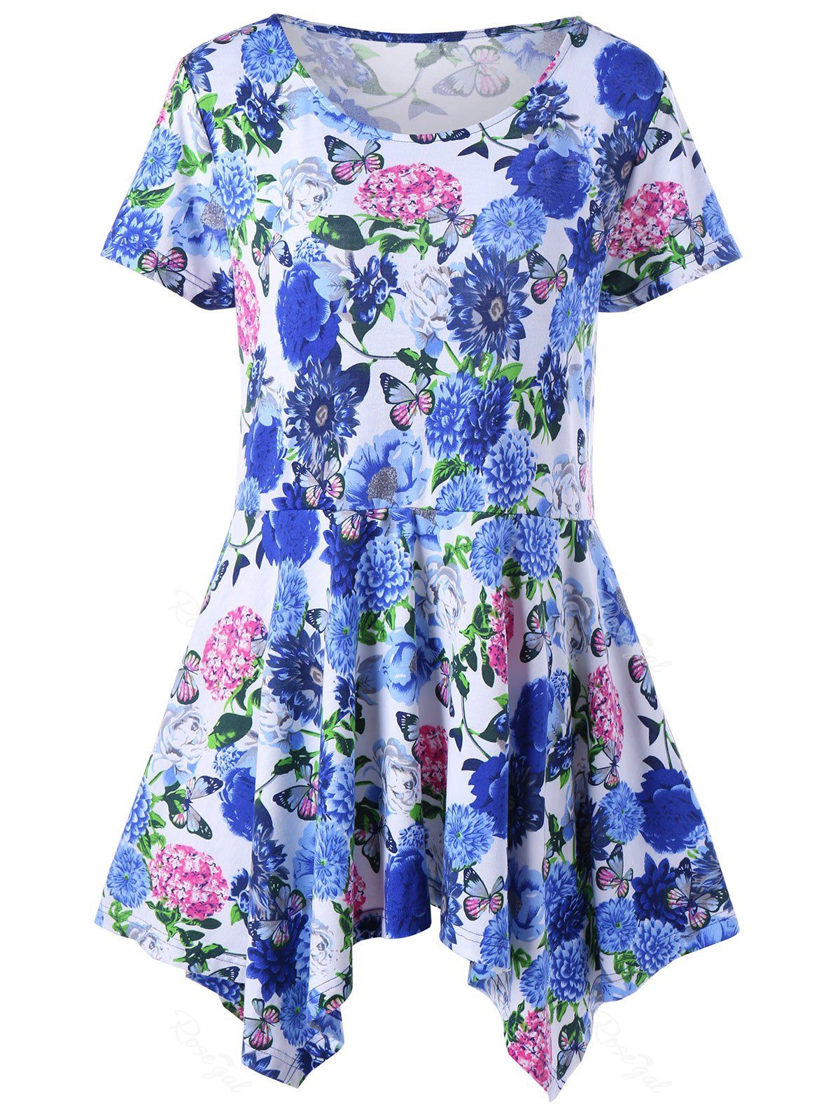 

Plus Size Handkerchief Floral Peplum T-Shirt, Blue