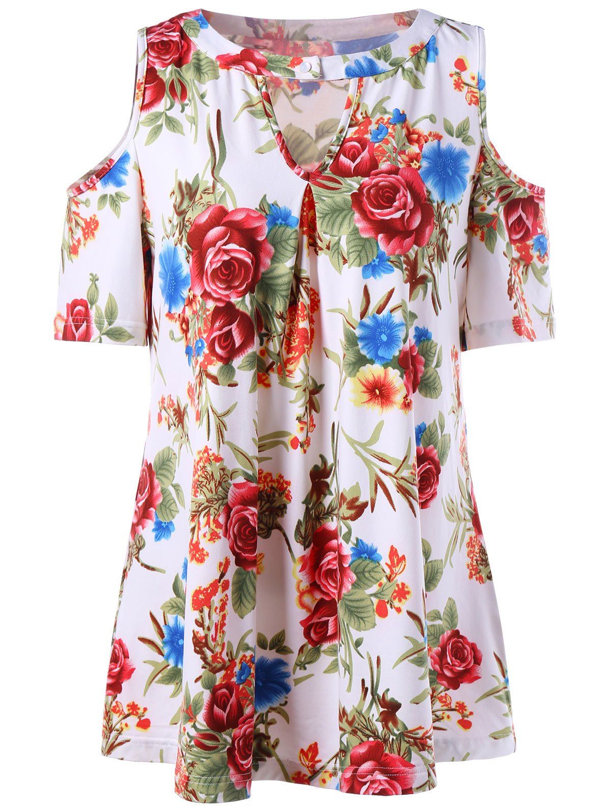 

Floral Keyhole Neck Cold Shoulder T-Shirt, White