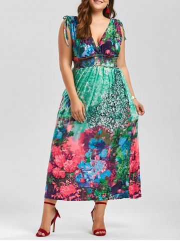 [39% OFF] Plus Size Floral Plunging Neck Sleeveless Maxi Dress | Rosegal